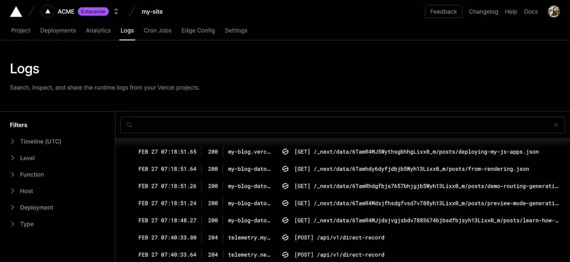 Example of runtime logs